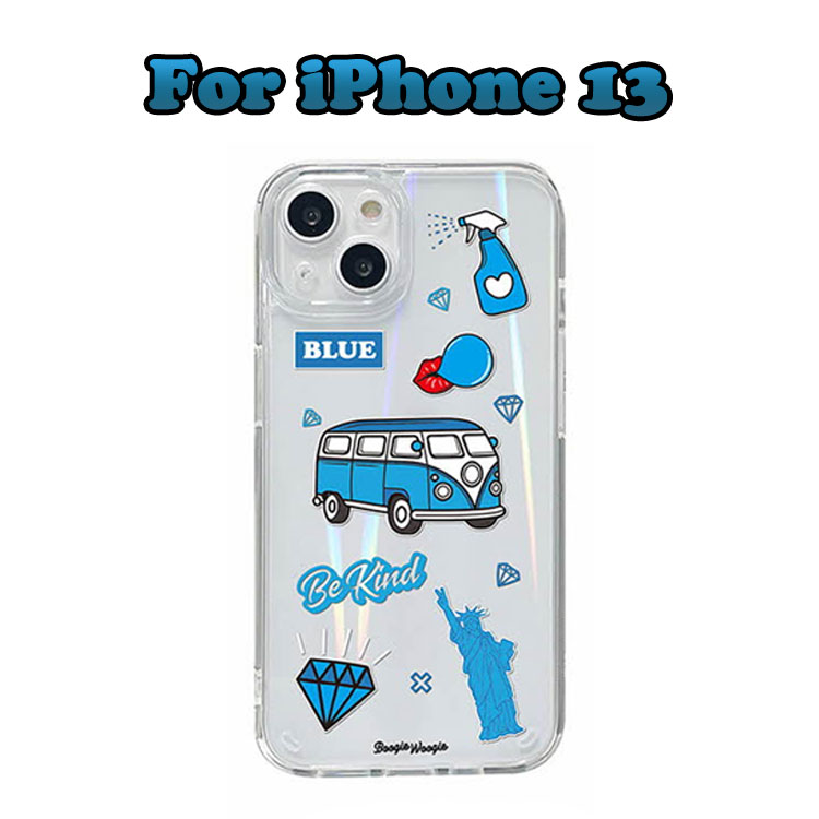 iPhone 13 6.1 ケース BOOGIE WOOGIE iPhone13 アイフォン13 スマホケース 韓国 TPU ポリカーボネート 背面カバー バックカバー 透明 かわいい きれい 虹色 青 ブルー ダイヤモンド 宝石 バス 乗り物 オーロラケース Blue お取り寄せ