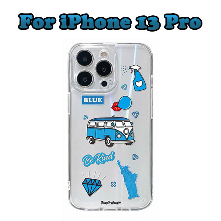iPhone 13 Pro 6.1 ケース BOOGIE WOOGIE iPhone13pro アイフォン13pro スマホケース 韓国 TPU ポリカーボネート 背面カバー バックカバー 透明 かわいい 虹色 青 ブルー ダイヤモンド 宝石 バス 乗り物 オーロラケース Blue お取り寄せ