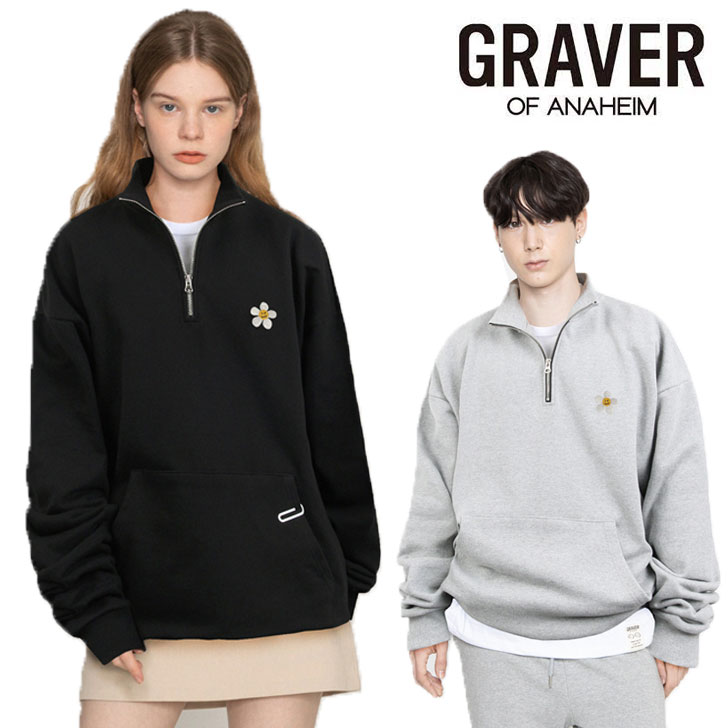 グレーバー トレーナー GRAVER 正規販売店 Street Flower Embroidery Half Zip-up Sweatshirts ストリート フラワー エンブロイダリー ハーフ ジップアップ スウェットシャツ 全2色 G-HZM-08-BK/GY 起毛なし ウェア