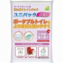 --------------------------------------------------------- 商品の説明 ◇『ユニパック　薄型使い捨て 20枚入/UK-001S』は、ポータブルトイレをより使いやすく。 ・1回（最大2、3回吸水可能）使い捨てで手軽に使えるユニパック。 ・災害時・断水時には、洋式トイレにかぶせても使えます。 商品の仕様 ●型番／UK-001S ●サイズ／55×65cm●材質／吸水シート：吸水ポリマー、綿状パルプ、袋：ポリエチレン●吸水量／約500cc●生産国／日本 【ユニトレンド】 ---------------------------------------------------------ポータブルトイレ ユニパック　薄型使い捨て 20枚入/UK-001S ポータブルトイレをより使いやすく。災害時・断水時には、洋式トイレにかぶせても使えます。