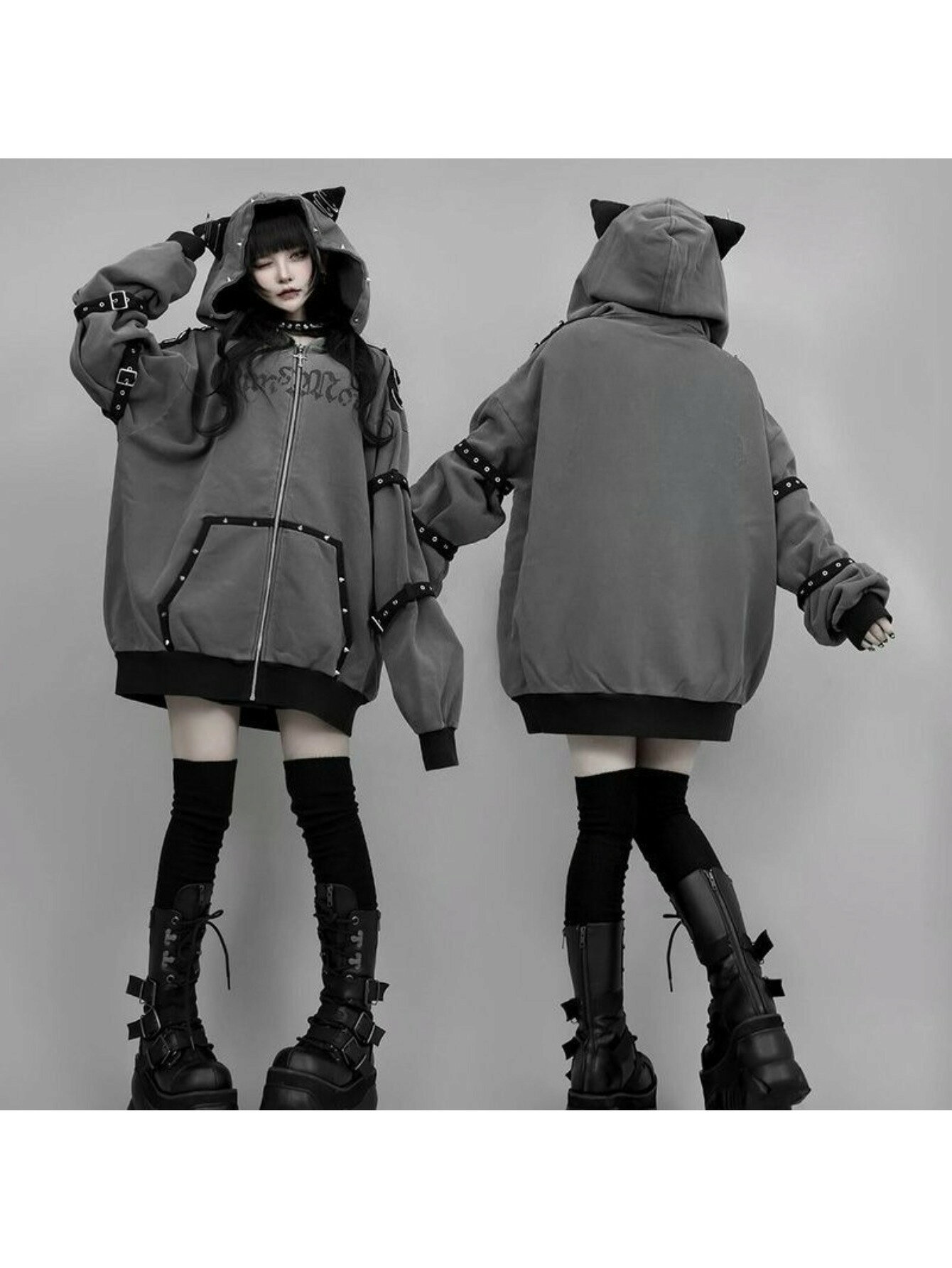 樂天商城 - 【商品名】ゴシック 秋冬 ミレニアリスト フード付きキャットイヤー Y2Kパンク風 ジップアップ セーター ジャケット
