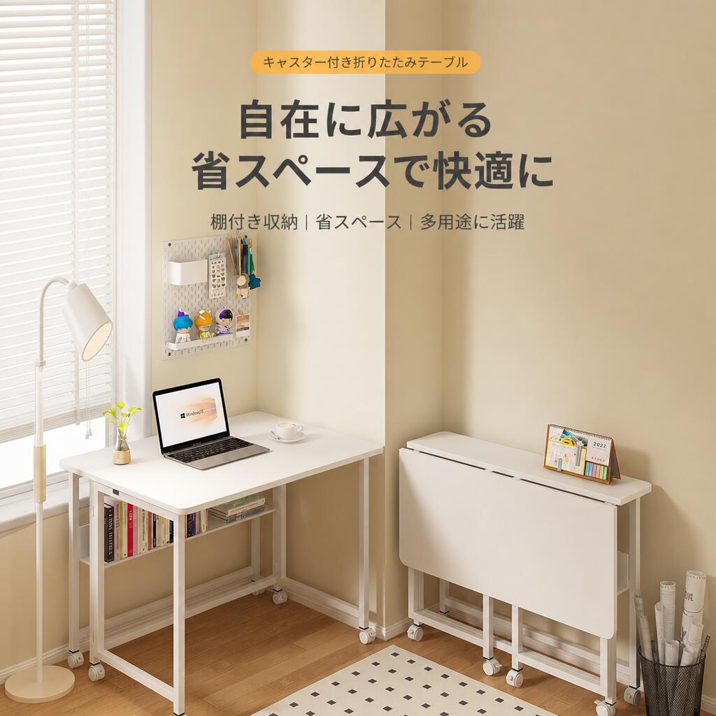 折りたたみテーブル パソコンデスク テーブル デスク 折りたたみ 収納 おしゃれ PCデスク オフィスデスク 作業デスク キャスター付き 収納 北欧 ホワイト 新生活 一人暮らし [2]