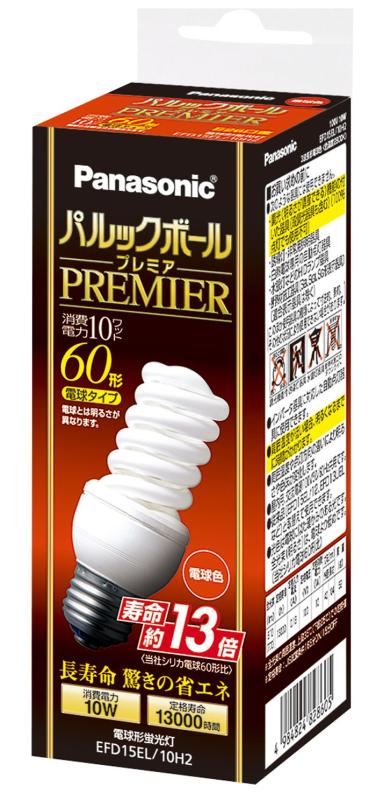 パナソニック パルックボールプレミア D15形 電球色 電球60形タイプ 口金直径26mm 810 lm EFD15EL10H2サイズ:10.4×4.0cm本体重量:0.052Kg定格電圧:100V 50/60Hz共用定格消費電力:10W定格寿命:13,000時間(定格寿命は平均値であり、値では。)スペック:光色=電球色、全光束 (ランプ単体の明るさ)=810 lm(770 lm)1、色温度=2800K 1 全光束は周囲温度35℃の定格値。( )内の数値は周囲温度25℃の定格値。定格入力電流:0.18A、口金直径26mm消費効率:77lm/W、省エネ達成率=114%