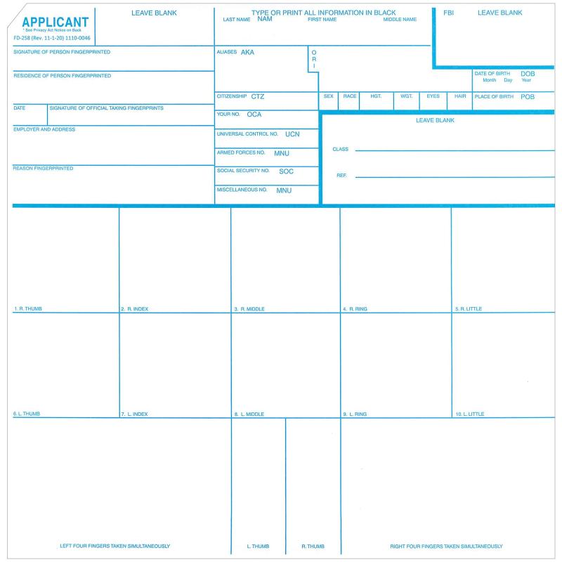 Fingerprint Cards, Applt FD-258, 5 cards by FBI