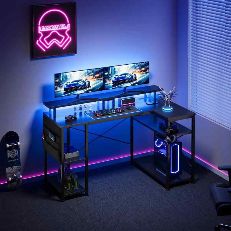 l字デスク LEDライト付き ゲーミングデスク 幅130cm パソコンデスクpcデスク コーナーデスク 棚板高さ調節可能 収納袋付き L字型 PC 勉強机 作業 在宅勤務 リモートワーク ゲーム 書斎白い upup-store-10040826 アップアップストア サンプル画像3