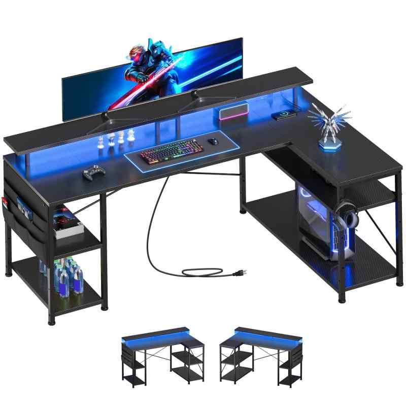 l字デスク LEDライト付き ゲーミングデスク 幅130cm パソコンデスクpcデスク コーナーデスク 棚板高さ調節可能 収納袋付き L字型 PC 勉強机 作業 在宅勤務 リモートワーク ゲーム 書斎白い upup-store-10040826 アップアップストア パッケージ画像