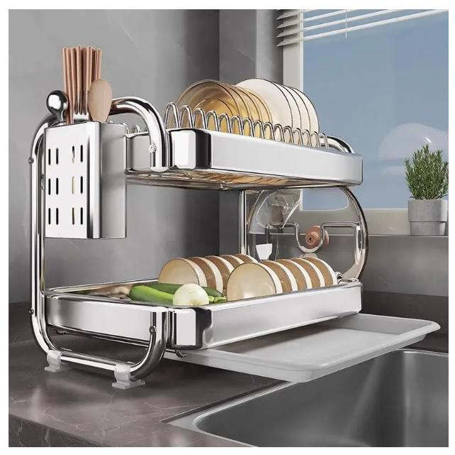 Rakuten - 厚手のステンレススチールキッチンシェルフ、多機能な食器ドレインラック、実用的で便利な食器ラックデザイン、箸収納ボックス付き 効率的なドレイン