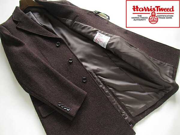 SALE 英国製生地 防寒 Harris Tweed ハリスツイード コート メンズ チェスターコート ウール100% 茶