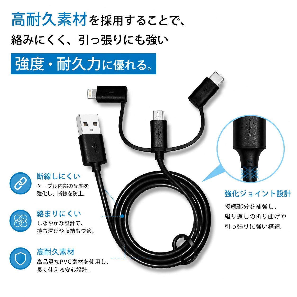 商品ページタイトル 3in1 マルチ充電ケーブル | USB 2.0 高速転送 最大480Mbps | Lightning / Type-C / microUSB 対応 | 高耐久PVC素材・強化ジョイント設計 | ケーブル長1m | ブラック／ホワイト 2色展開 | 旅行・車載に最適 キャッチコピー 1本で、すべてを。 高速充電も、データ転送も、これ1本。 毎日に、もっと自由と快適を。 商品特長 3種類のコネクタ搭載 – ほぼすべてのデバイスに対応 Lightning、Type-C、microUSB の3端子を1本に統合。スマートフォン、タブレット、ゲーム機など、様々なデバイスをこれ1本でまかなえます。デバイスごとにケーブルを探す手間がなくなります。 USB 2.0 高速転送 – 最大480Mbps 写真や動画もスムーズに転送可能。充電しながらでもストレスなくデータ転送が行えます。 充電とデータ同期を完璧に両立 充電中も最大480Mbpsの転送速度を維持。大容量の写真や動画も短時間で同期完了します。 高耐久設計で長く使える 断線しにくい：ケーブル内部の配線を強化し、断線を予防。 強化ジョイント設計：コネクタ接続部分を補強し、繰り返しの折り曲げや引っ張りに強い構造。 絡まりにくい：しなやかなケーブル仕様で、持ち運びや収納が快適。 高耐久素材：高品質なPVC素材を使用し、日常使いに耐える安心設計。 たっぷり1mの長さ 取り回しがしやすく、充電しながらの使用も快適です。 選べる2色（ブラック／ホワイト） お好みに合わせてお選びいただけます。 おすすめ使用シーン 自宅：リビングや寝室で複数デバイスを1本で充電 車内：ドライブ中にスマホやカーナビを同時に充電 旅行先：荷物を減らし、スマートに持ち運び オフィス：デスク周りをすっきり整理 商品仕様 製品名：3in1 マルチ充電ケーブル コネクタ：Lightning / Type-C / microUSB（出力側）→ USB-A（入力側） 通信速度：最大480Mbps（USB 2.0） ケーブル長：約1.0m カラー：ブラック、ホワイト 素材：高品質PVC（高耐久仕様） 対応デバイス：iPhone、Androidスマートフォン、タブレット、ゲーム機など おすすめポイント 1本3役：3種のコネクタで大多数のデバイスに対応 高速データ転送：最大480Mbpsで写真・動画もスムーズ 高い耐久性：強化ジョイント＋高品質PVCで長期間使用可能 絡まりにくい設計：収納・携帯に便利 コストパフォーマンスに優れる：手頃な価格で高品質を実現 ご注意 本製品は充電およびデータ転送用です。より高速な充電をご希望の場合は、急速充電器（別売）との組み合わせをお勧めします。 お使いのデバイスとの互換性を事前にご確認の上、ご購入ください。