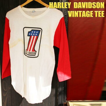 ajito HARLEY DAVIDSON NO.1 TEE VINTAGE ハーレーダビッドソン ナンバーワン Tシャツ モーターサイクル ヴィンテージ バイカー ファッション ビンテージ 七分袖 ホワイト 白 アメリカン Motorcycle 古着 レア Lサイズ メンズ CHAMPION チャンピオン ボディ HAPPYEND