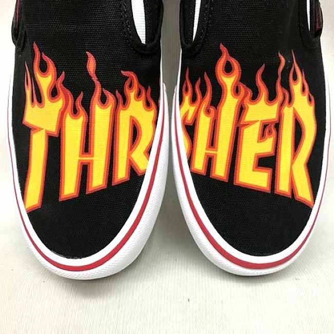 ajito VANS × THRASHER バンズ × スラッシャー SLIP-ON PRO VN0A347VOTE スリッポン フレイム ロゴ スニーカー ブラック HAPPYEND スケーター 靴 シューズ 限定 レア インポート 27〜30cm 2017年発売 モデル フレイムパターン