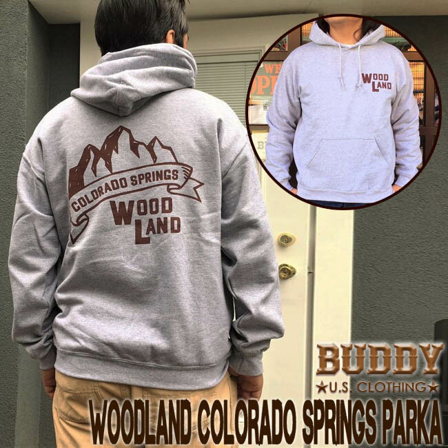 BUDDY WOODLAND COLORADO SPRINGS スウェット プルオーバー パーカー コロラド スプリングス GILDAN CAMP USA アメリカ国立公園 アウトドア ウッドランド キャンプ アメカジ バディ 原宿 グレー メンズ ストリート ファッション トップス トレーナー