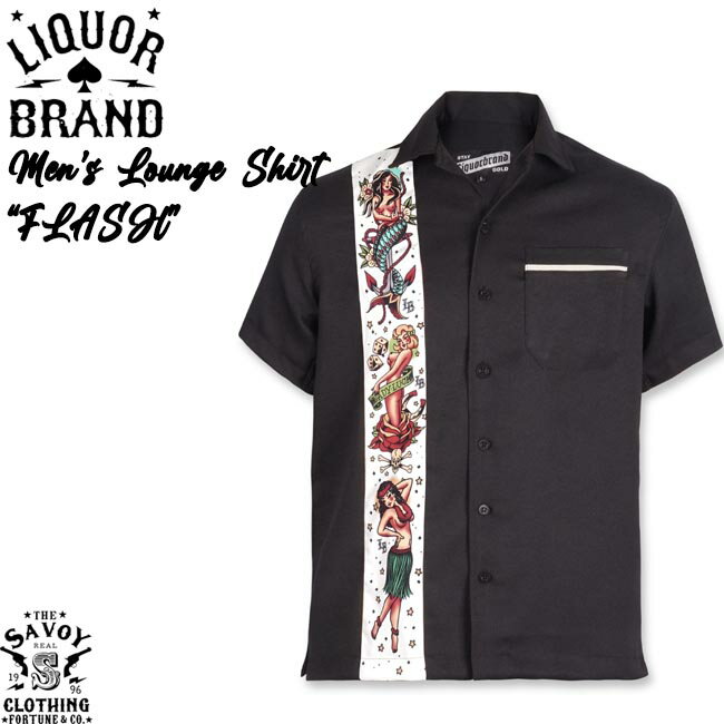 SAVOY CLOTHING LIQOR BRAND MEN 039 S SHIRTS FLASH サヴォイクロージング リカーブランド メンズ ラウンジシャツ フラッシュ タトゥーガール オープン シャツ ブラック 半袖 50 039 S 開襟 ロカビリー ファッション サボイクロージング 50年代