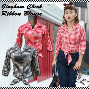 SAVOY CLOTHING Gingham Check 3/4Sleeve Hemknot Blouse ギンガムチェック 前結び ブラウス 2WAY 七分袖 レッド ブラック 赤 黒 サヴォイクロージング ヘムノット シャツ リボン レディース ロカビリー ファッション 衣装 サボイクロージング 原宿 50’s 50年代 L