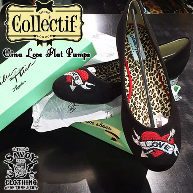 SAVOY CLOTHING COLLECTIF Gina Love Flat Pumps コレクティフ ハート 刺繍 フラット パンプス ラブ サヴォイクロージング ブラック 靴 ブリティッシュ ロカビリー ファッション ビンテージ レトロ 50's サボイクロージング イギリス ロンドン ローズ バレエシューズ