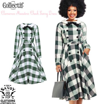 SAVOY CLOTHING COLLECTIF Clemence Meadow Check Swing Dress コレクティフ グリーン チェック スウィング ドレス ワンピース サーキュラー 緑 襟付き サヴォイクロージング ロカビリー ファッション レディース 50's サボイクロージング 衣装 長袖 Mサイズ