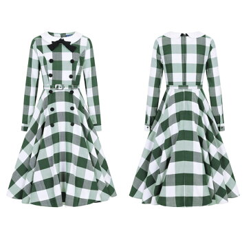 SAVOY CLOTHING COLLECTIF Clemence Meadow Check Swing Dress コレクティフ グリーン チェック スウィング ドレス ワンピース サーキュラー 緑 襟付き サヴォイクロージング ロカビリー ファッション レディース 50's サボイクロージング 衣装 長袖 Mサイズ