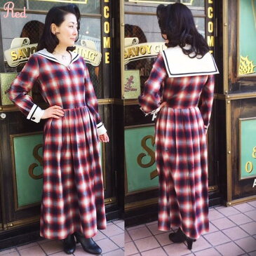 SAVOY CLOTHING Double Cuffs Sailor Long One-piece Ombre check サヴォイクロージング セーラー ロング ワンピース オンブレチェック ブラック ホワイト レッド 赤 ギンガム サーキュラー ドレス ロカビリー ファッション 長袖 黒 サボイクロージング 50's 50年代