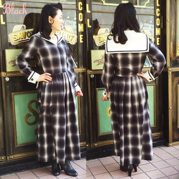 SAVOY CLOTHING Double Cuffs Sailor Long One-piece Ombre check サヴォイクロージング セーラー ロング ワンピース オンブレチェック ブラック ホワイト レッド 赤 ギンガム サーキュラー ドレス ロカビリー ファッション 長袖 黒 サボイクロージング 50's 50年代