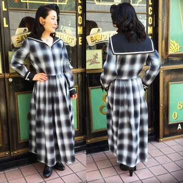 SAVOY CLOTHING Double Cuffs Sailor Long One-piece Cotton Ombre check サヴォイクロージング セーラー ロング ワンピース コットン オンブレチェック ブラック ホワイト ギンガム サーキュラー ドレス ロカビリー ファッション 長袖 黒 サボイクロージング 50's 50年代