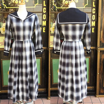 SAVOY CLOTHING Double Cuffs Sailor Long One-piece Cotton Ombre check サヴォイクロージング セーラー ロング ワンピース コットン オンブレチェック ブラック ホワイト ギンガム サーキュラー ドレス ロカビリー ファッション 長袖 黒 サボイクロージング 50's 50年代