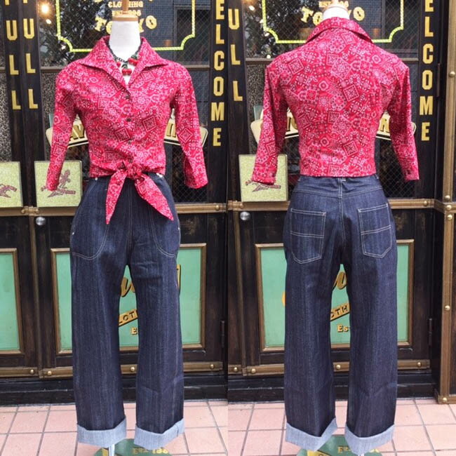 SAVOY CLOTHING Bandana Pattern 3/4Sleeve Hemknot Blouse バンダナ パターン 前結び ブラウス 2WAY 七分袖 サヴォイクロージング ヘムノット シャツ リボン レディース ロカビリー ファッション 衣装 サボイクロージング 原宿 50's 50年代 赤 レッド L