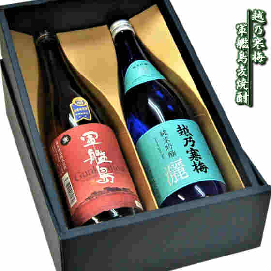 麦焼酎　純米吟醸酒飲み比べセット/軍艦島むぎ　越乃寒梅灑720ml 2本箱入り　ギフト　お中元　お歳暮