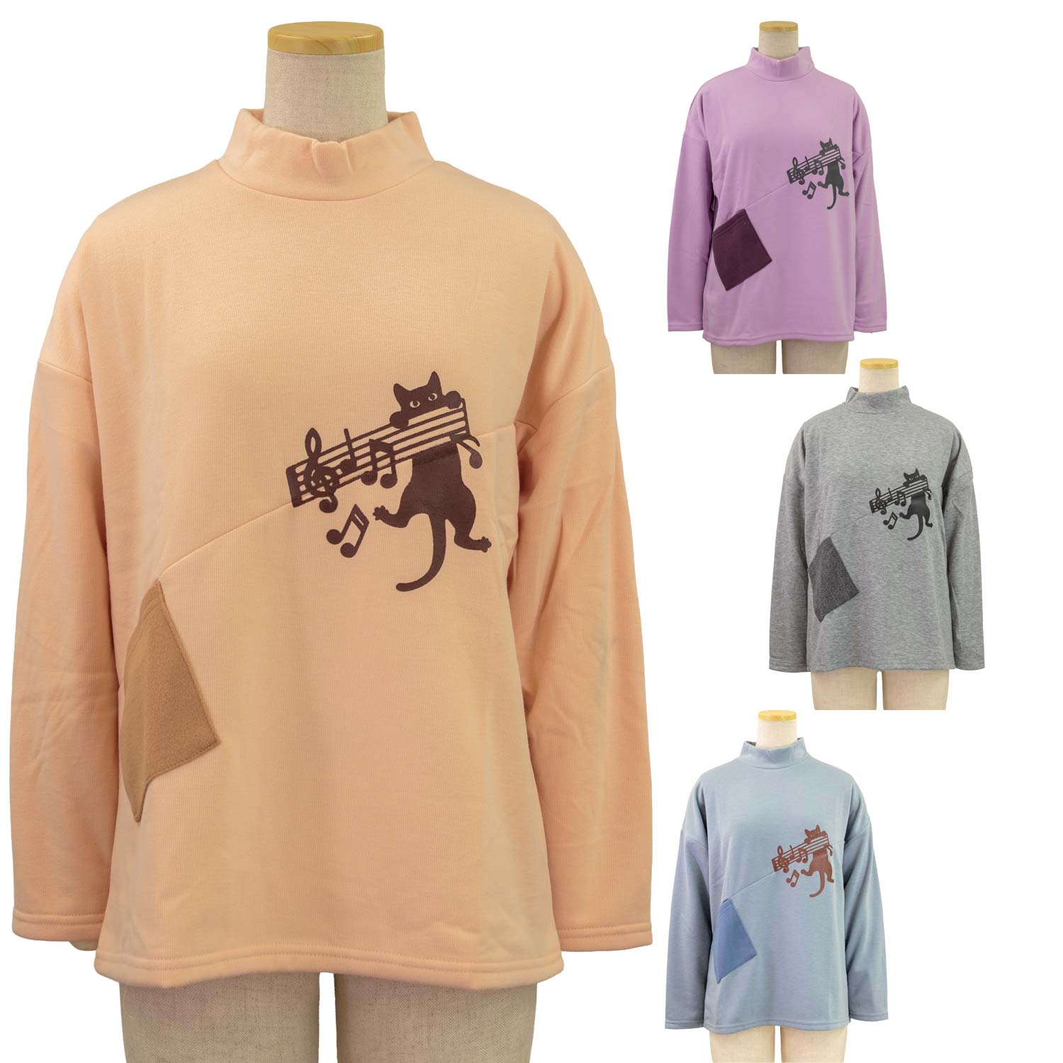 裏シャギー プルオーバー ネコ ハイネック カットソー Tシャツ●婦人 トップス 刺繍...