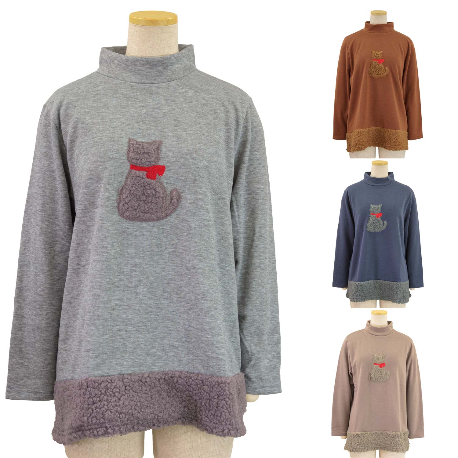 Rakuten - 婦人 あったか 裏起毛 ハイネック もこもこ ネコ カットソー Tシャツ シニアファッション 秋冬 70代 80代 90代