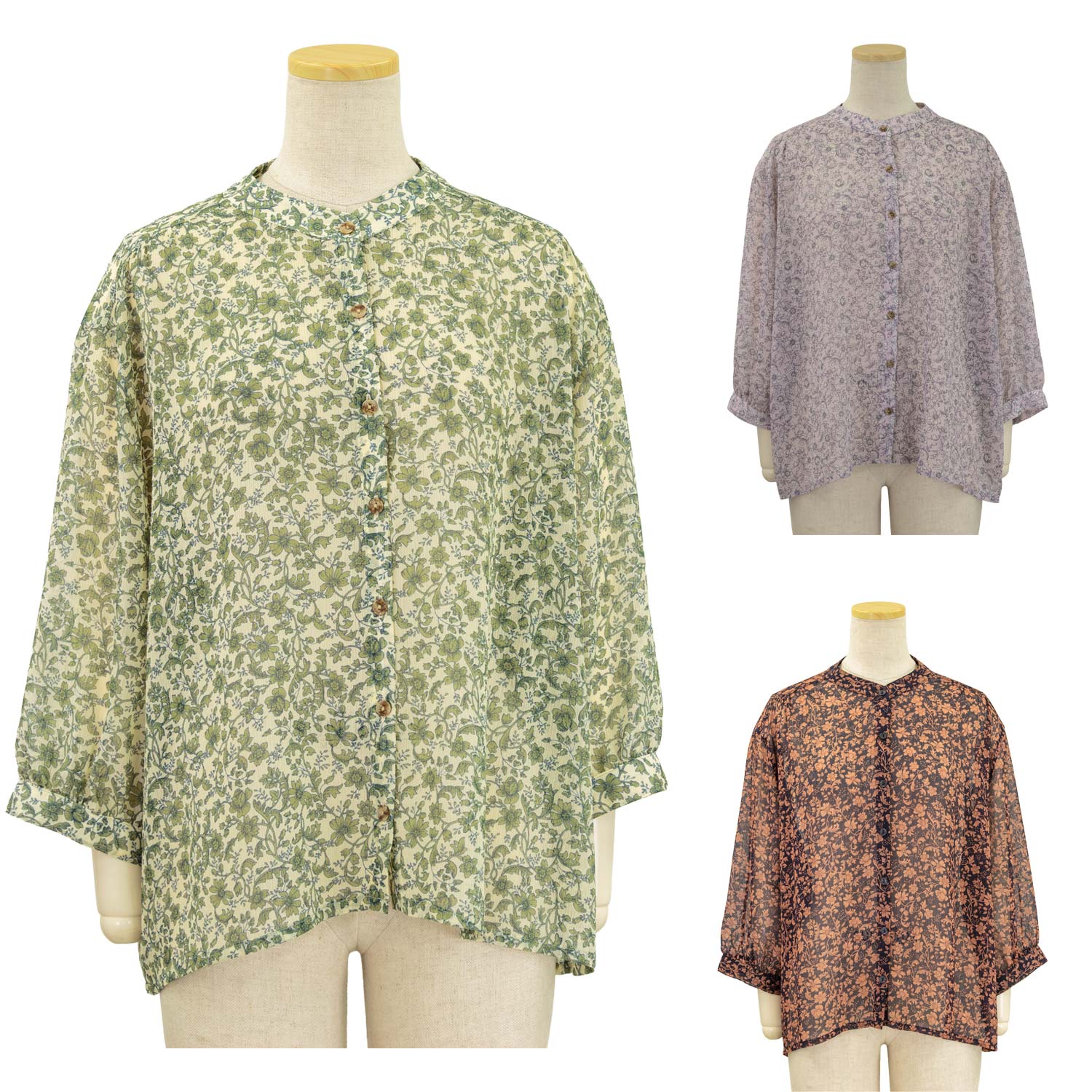 Rakuten - シフォン 花柄プリント バンドカラー 7分袖 ブラウス 日本製 レディース シニア 春 夏 70代 80代 90代 服 高齢者 女性 普段着 部屋着 お年寄り おしゃれ着 外出着 婦人 敬老の日 シニアファッション