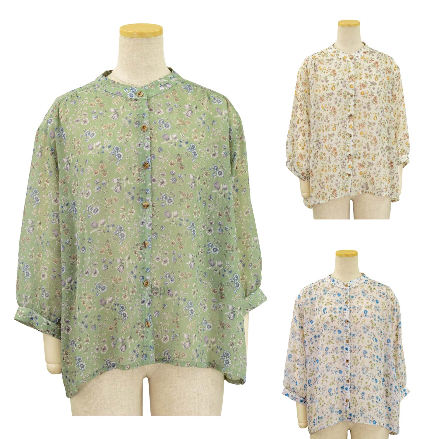 Rakuten - シフォン 花柄プリント バンドカラー 7分袖 ブラウス 日本製 レディース シニア 春 夏 70代 80代 90代 服 高齢者 女性 普段着 部屋着 お年寄り おしゃれ着 外出着 婦人 敬老の日 シニアファッション