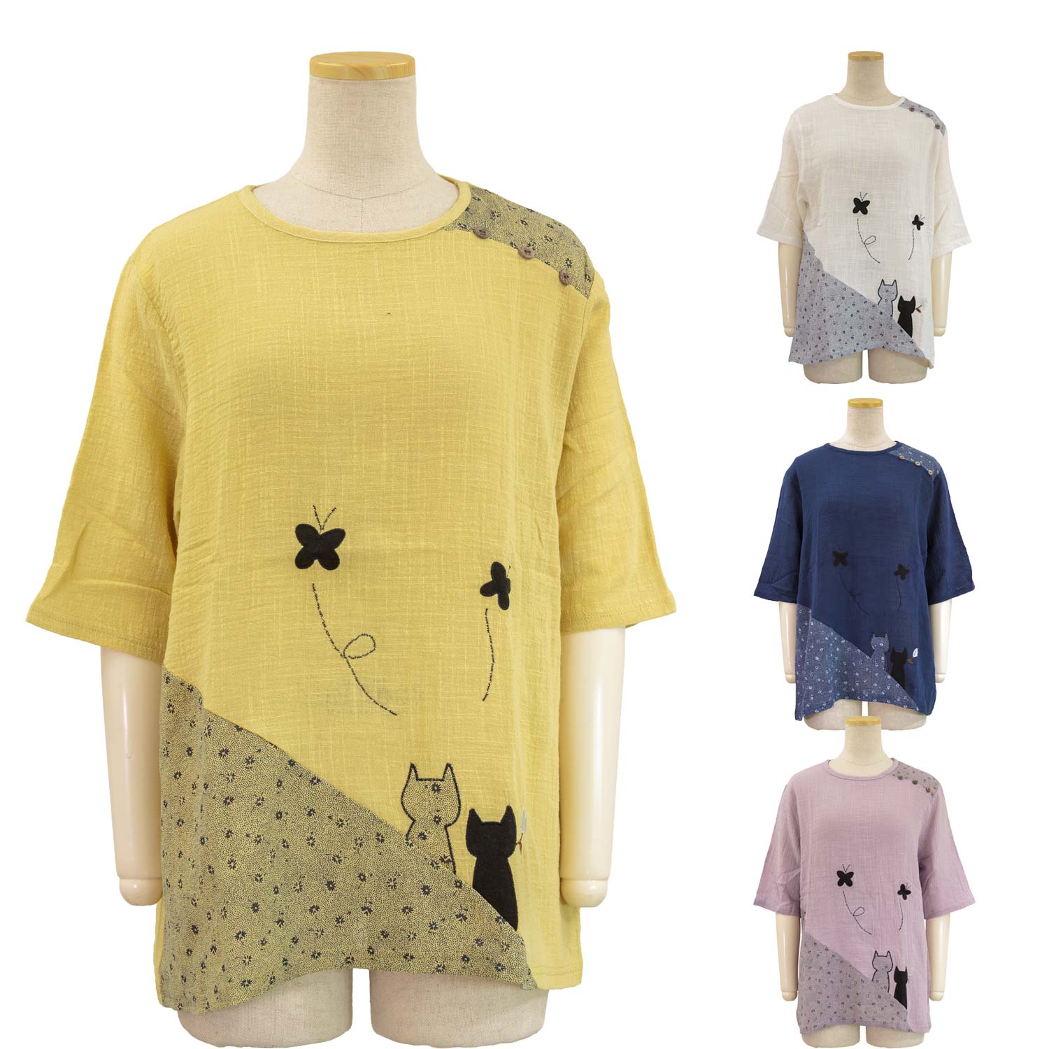 Rakuten - 綿100 5分袖 スラブ ネコ Tシャツ カットソー トップス　シニアファッション 春夏 シニア 婦人 レディース 70代 80代 90代 ギフト婦人服 高齢者 服装 おしゃれ おばあちゃん おすすめ 通販 介護 施設 名入れ