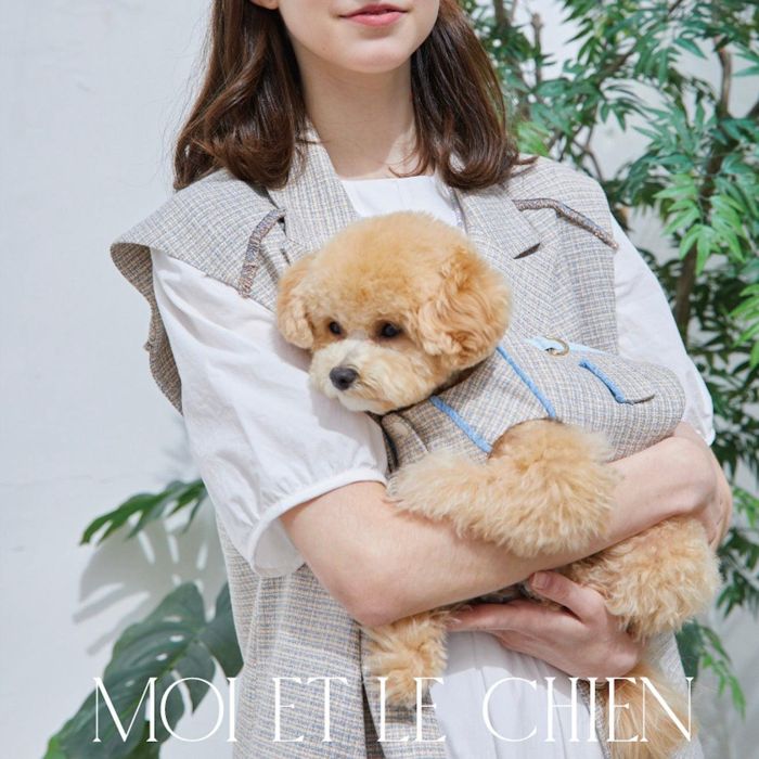 予約販売【MOI ET LE CHIEN】オーナー様用 ツイードベスト ブルー 韓国 ブランド かわいい おしゃれ プレゼント 小型犬 ハーネス リンクコーデ ワンピース NEW 春 夏 秋 犬