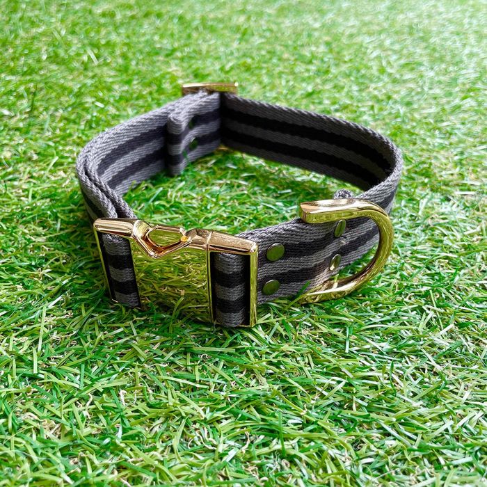 楽天URBAN DOG TOKYO 楽天市場店※予約販売【HOSU】HOSU stripe dog collar（30mm）/Gray×Black 韓国 ブランド かわいい おしゃれ プレゼント 小型犬 首輪 リード 散歩グッズ NEW 中型犬 春 夏 大型犬 犬 ドッグカラー