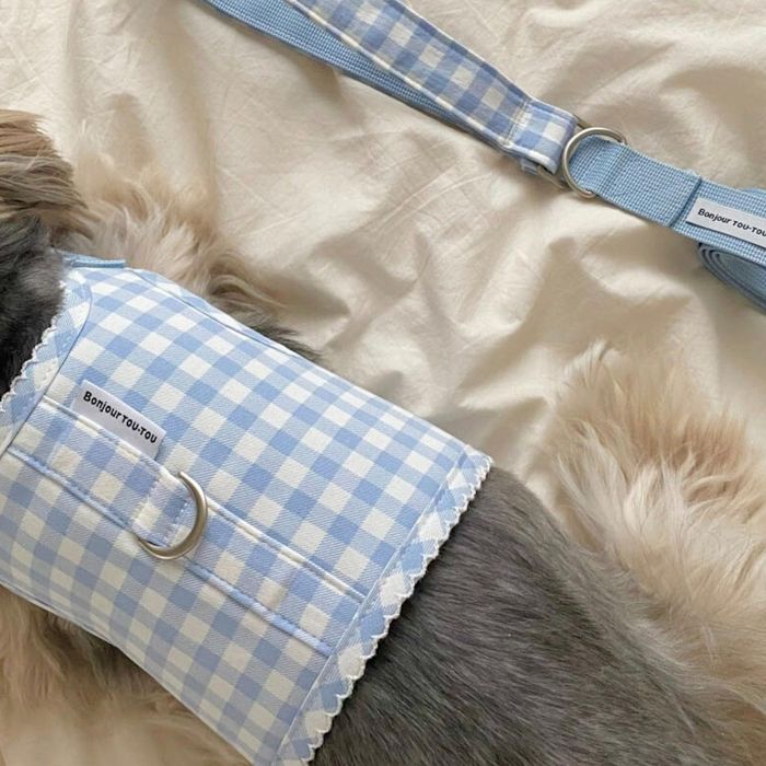 ※予約販売【Bonjour TOU-TOU】Eyelet Check Harness（Sky） 犬用品 ドッググッズ ハーネス ドッグウェ..