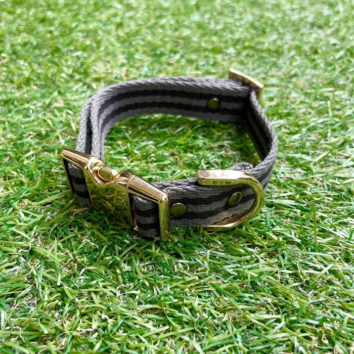 ※予約販売【HOSU】HOSU stripe dog collar(20mm)/Gray×Black 韓国 ブランド かわいい おしゃれ プレゼント 小型犬 首輪 リード 散歩グッズ NEW 中型犬 春 夏 大型犬 犬 ドッグカラー