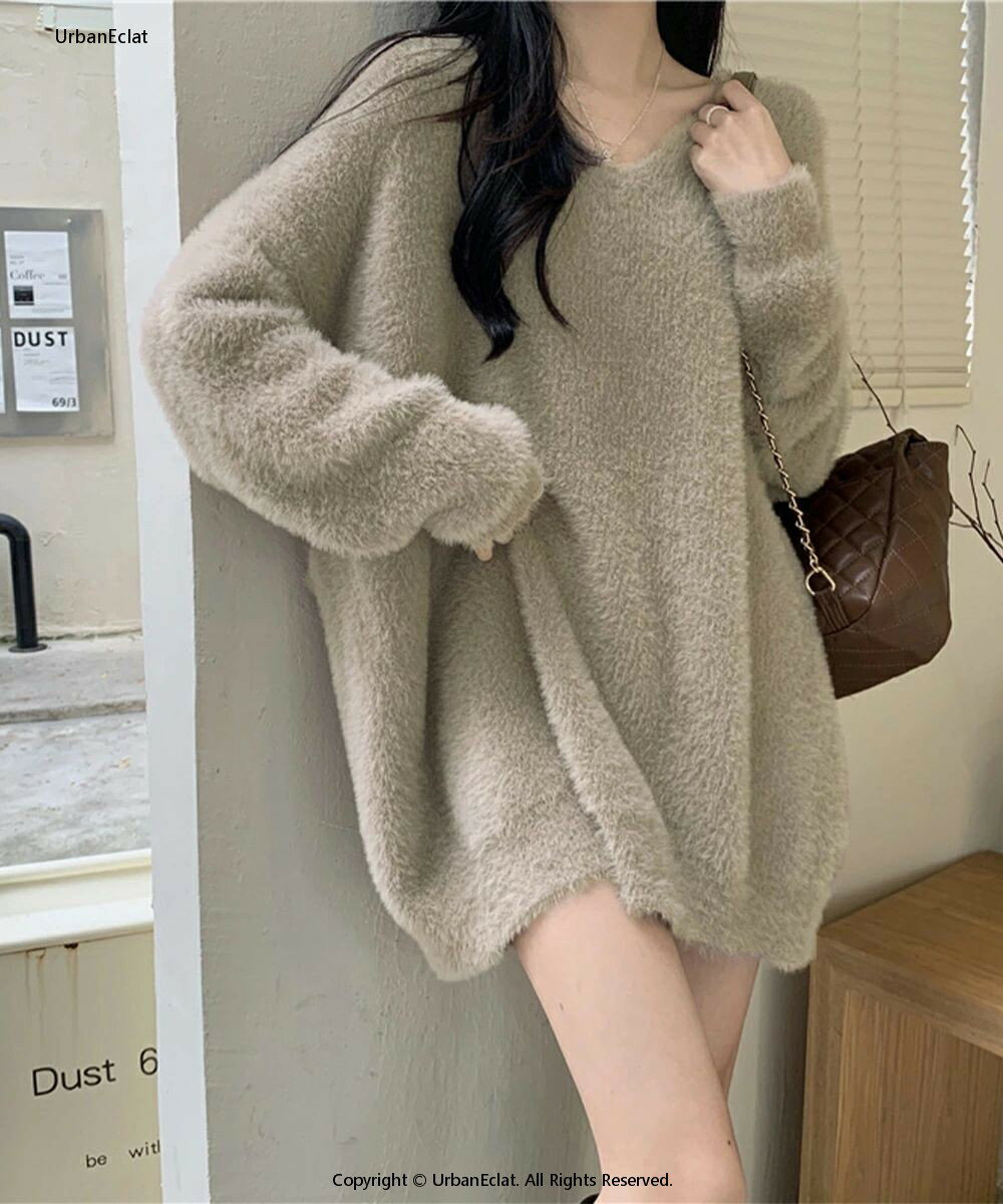 ニットチュニック セーター トップス Vネック ゆったり 大きい フリーサイズ 長袖 春