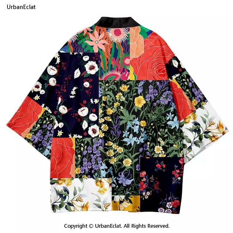 男女兼用法被 羽織りブラック　ホワイト　花柄 夏祭り 夏恋 寺 韓国ファッション 神社 羽織り 半纏 はんてん ハッピ 長半纏 半天 袢天 半被 お祭り衣装 雅 和柄 羽織 和装 半纏 浴衣 着物 かっこいい かわいい 風物詩 お洒落　大きいサイズ