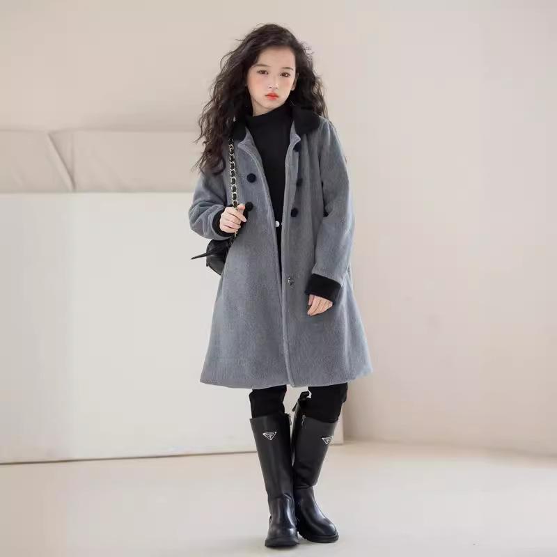コート 女の子 キッズ ジュニア 裏起毛 ウール混 メルトン ダブルフェイス 厚手 防寒 ダブルボタン ミドル丈 韓国風 秋冬 グレー 普段使い 通学 カジュア...