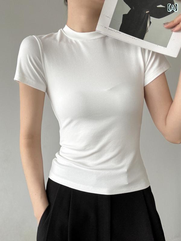 乐天商城 - レディース 白 ラウンドネック 半袖 T シャツ 女性 夏 イン タイト トップス スリミング 内側 シンプル シャツ