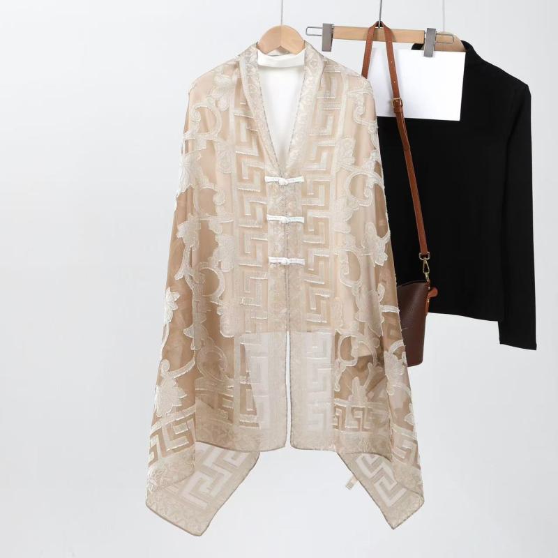 ショール レディース チャイナ風 春夏 薄手 透かし花柄 チャイナボタン エスニック 旅行 アウトドア UVカット 日よけ 大判 冷房対策 ポリエステル