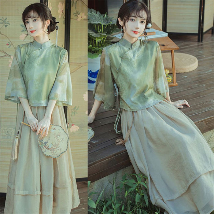 Rakuten - 2点セット チャイナドレス 中華風ワンピース 漢服唐装 華流衣装 チャイナ服 中華服 春秋 ロング丈 レディース ワンピース 長袖 エレガント 普段着 通学 通勤 コスプレ 文化祭 学園祭 中国風復古 衣装 女性 舞台
