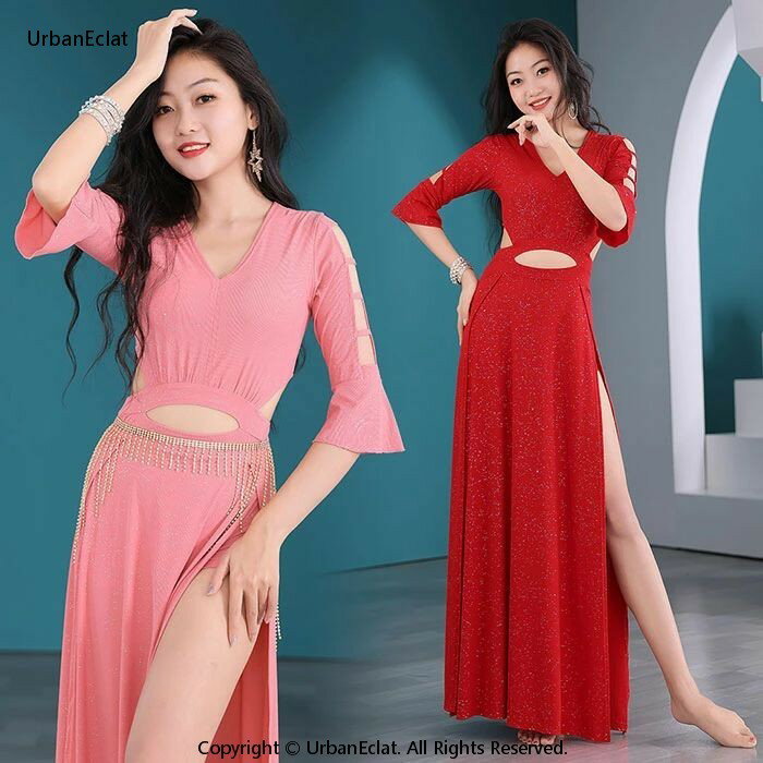 ベリーダンス衣装 ワンピース 星屑 キラキラ おしゃれ ベリーダンス 衣装 ロング丈 ワンピース スリット入っり 5分袖 トップス Vネック 可愛い ベリーダンス 衣装 ストレッチ素材 ダンス レッスン着 舞台 ステージ衣装 ダンスウェア