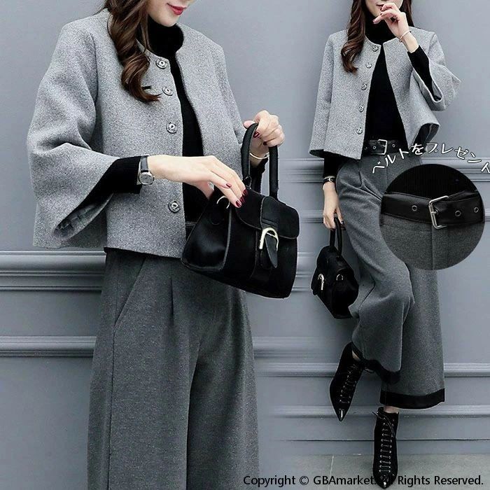 パンツスーツ レディース セットアップ 2点セット 上下 フォーマル トップス コート ラッパ袖 ノーカラー ワイドパンツ ガウチョパンツ 九分丈 ズボン スカーチョ スカンツ ボトムス おしゃれ 着痩せ リクルート ドッキング ストレッチ オフィス カジュアル 通勤 デート 普段