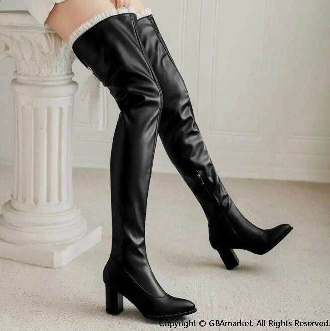レディースブーツ　ロングブーツ ニーハイブーツ pu　レザーブーツ　ロング丈 レディース ポインテッド..