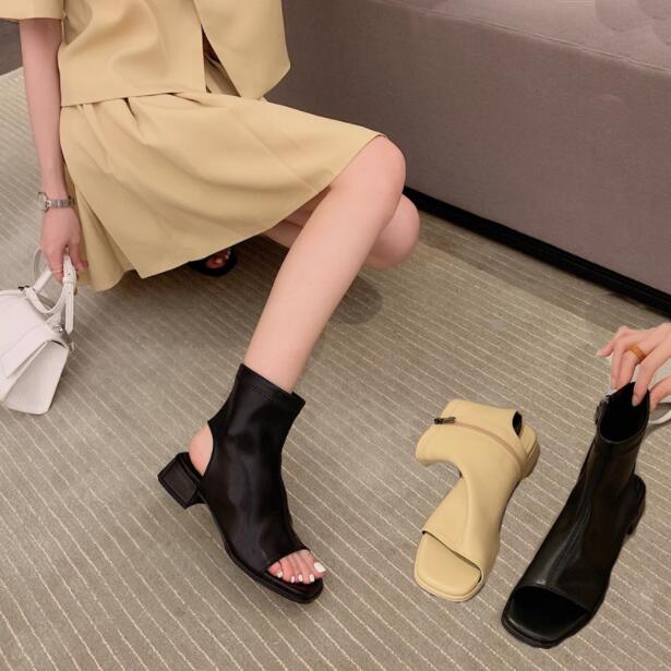 サマーブーツ　 ブーツサンダル レディース サマーブーツ ローヒール 靴 ショートブーツ 黒 ヒール インヒール ブーツサンダル 歩きやすい 厚底シューズ ペタンコ ヒール3.5cm　 厚底サンダル 春夏