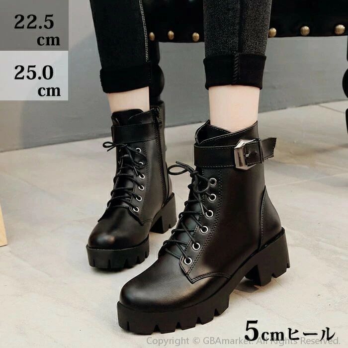 ショートブーツ レースアップブーツ レディース 編み上げブーツ ラウンドトゥ 厚底 5cmヒール ぺたんこ ファスナー ショート ブーツ 靴 袴 黒 ベルト ロ...