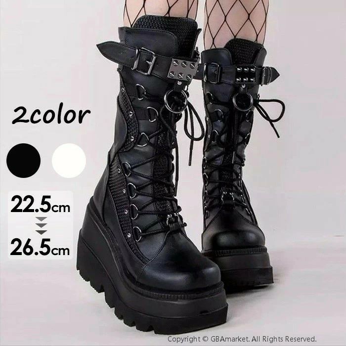 厚底 ブーツ レディース バックルストラップ 欧米風 パンク ロリータ風 かわいい 大きいサイズ お嬢様 日常 美脚 ホワイト ブラック