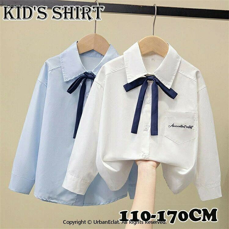 子供服 女の子 シャツ フォーマル ブラウス 子供 蝶ネクタイ付き キッズ ワイシャツ リボン付 フリル 長袖 入学式 発表会 卒業式 結婚式 受験 女の子 ブラウス ホワイト ブルー 110 120 130 140 150 160 170