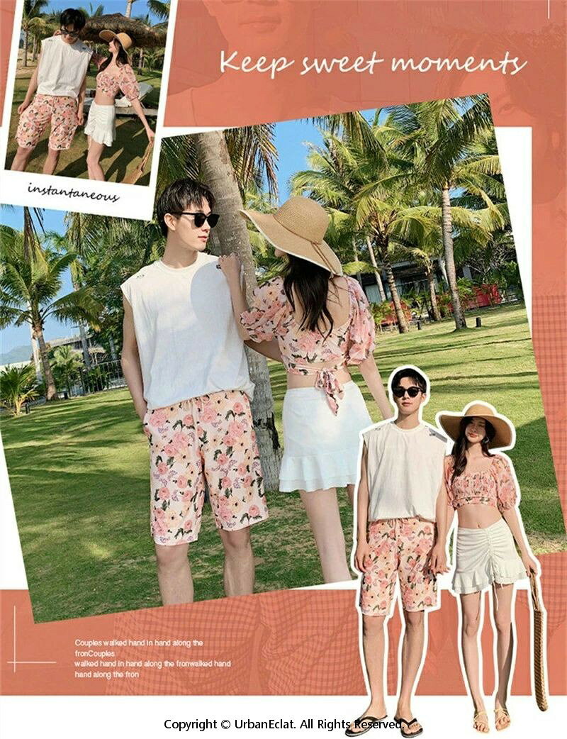 UrbanEclatのペア 水着 ペアルック カップル水着 体型カバー 水着 レディース メンズ 大人 ママ水着 花柄 メンズ水着 男性用 ビーチパンツ サーフパンツ みずぎ 男女 温泉 ハネムーン 蜜月 海外旅行 新婚旅行 夏 露出控えめ 着痩せ スイムウエア ビーチウェア｜アングル3